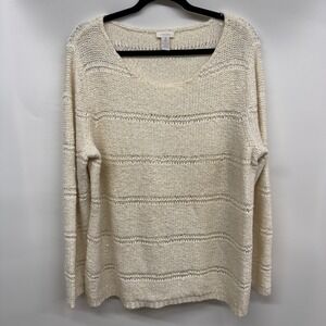 Chicos Cream Knit Metallic Sequin Bling Sweater Women's XLarge Holiday Party